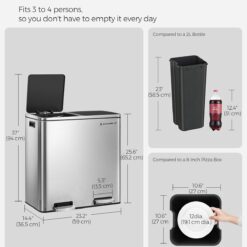 SONGMICS Trash Can, 2 x 8 Gallon (2 x 30 L) Garbage Can for Kitchen, with 15 Trash Bags, Silver and Black ULTB60NL