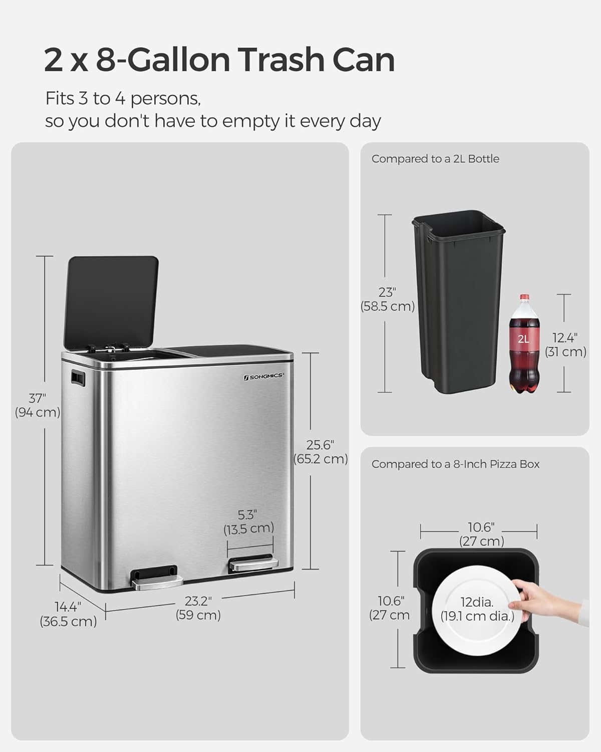 SONGMICS Trash Can, 2 x 8 Gallon (2 x 30 L) Garbage Can for Kitchen, with 15 Trash Bags, Silver and Black ULTB60NL