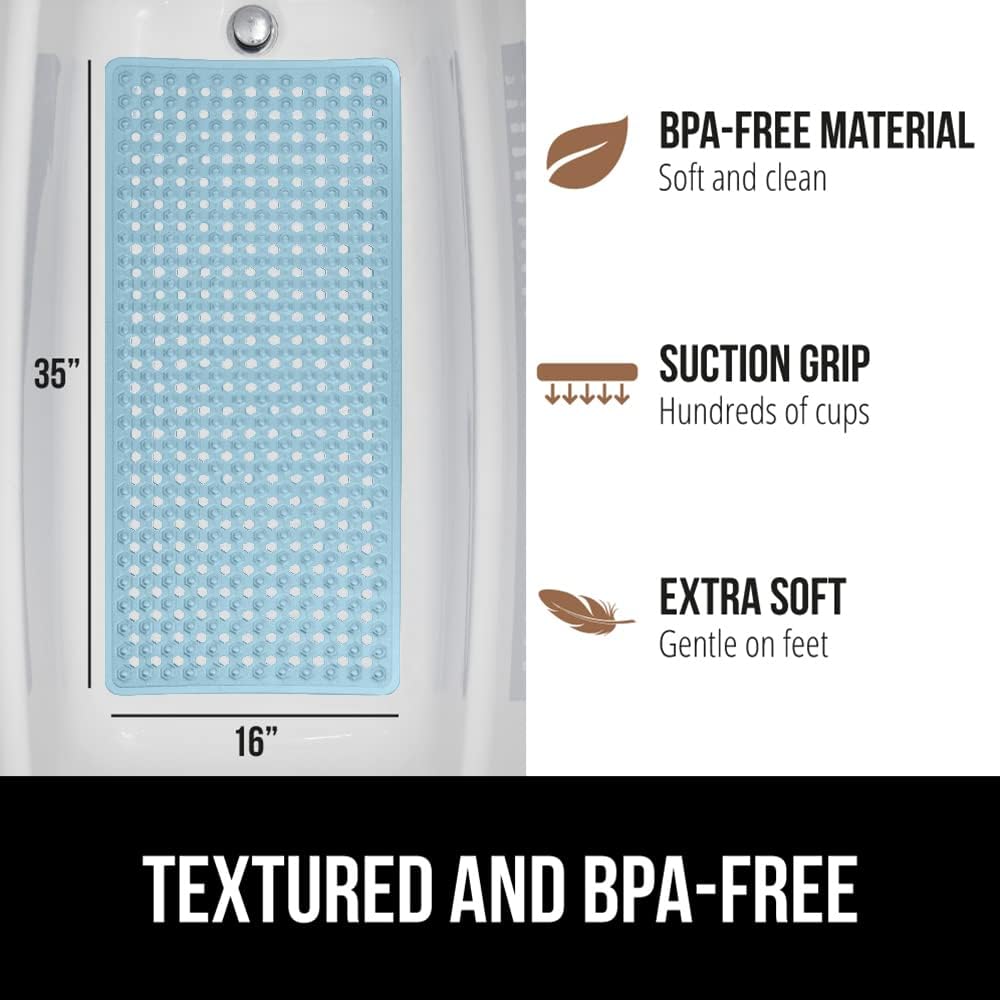 GORILLA GRIP Patented Bath Tub Shower Mat, 35x16 Washable Bathtub Floor Mats, Suction Cups and Drain Holes to Keep Tubs Clean, Blue