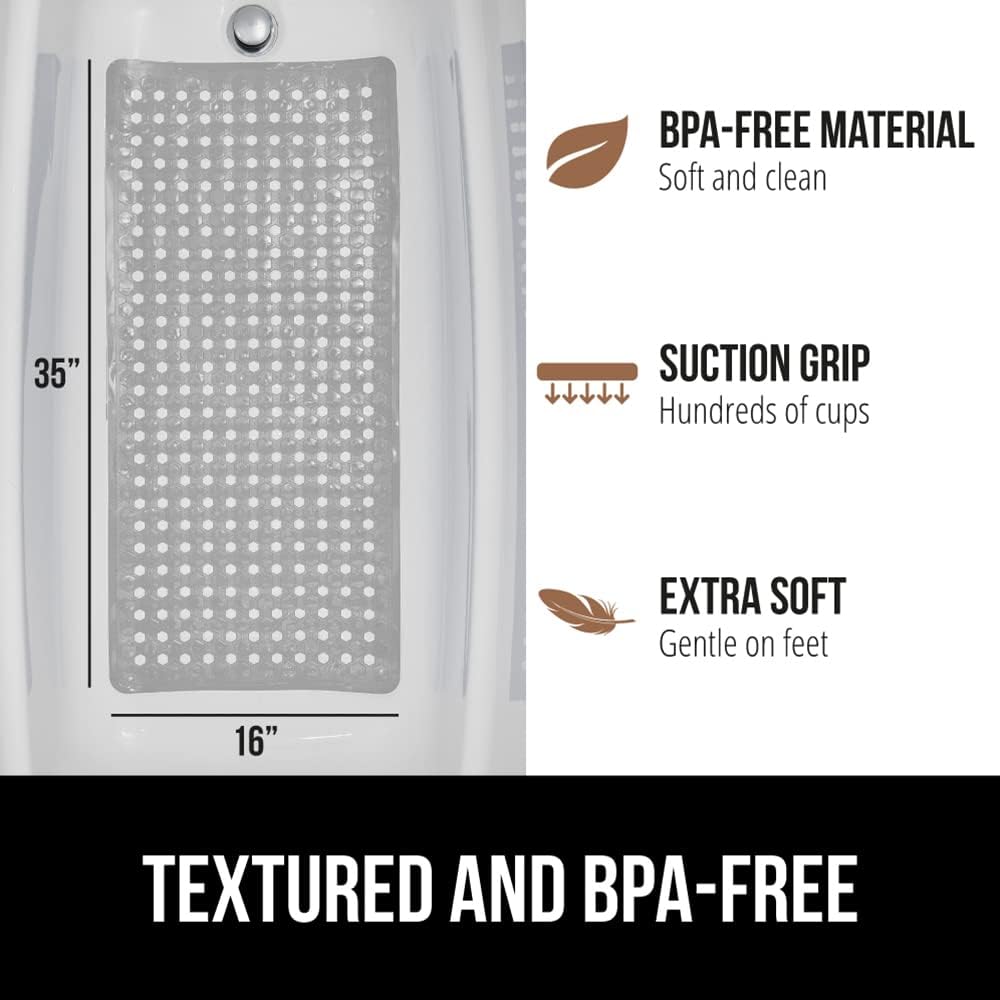 GORILLA GRIP Patented Bath Tub Shower Mat, 35x16 Washable Bathtub Floor Mats, Gray Opaque