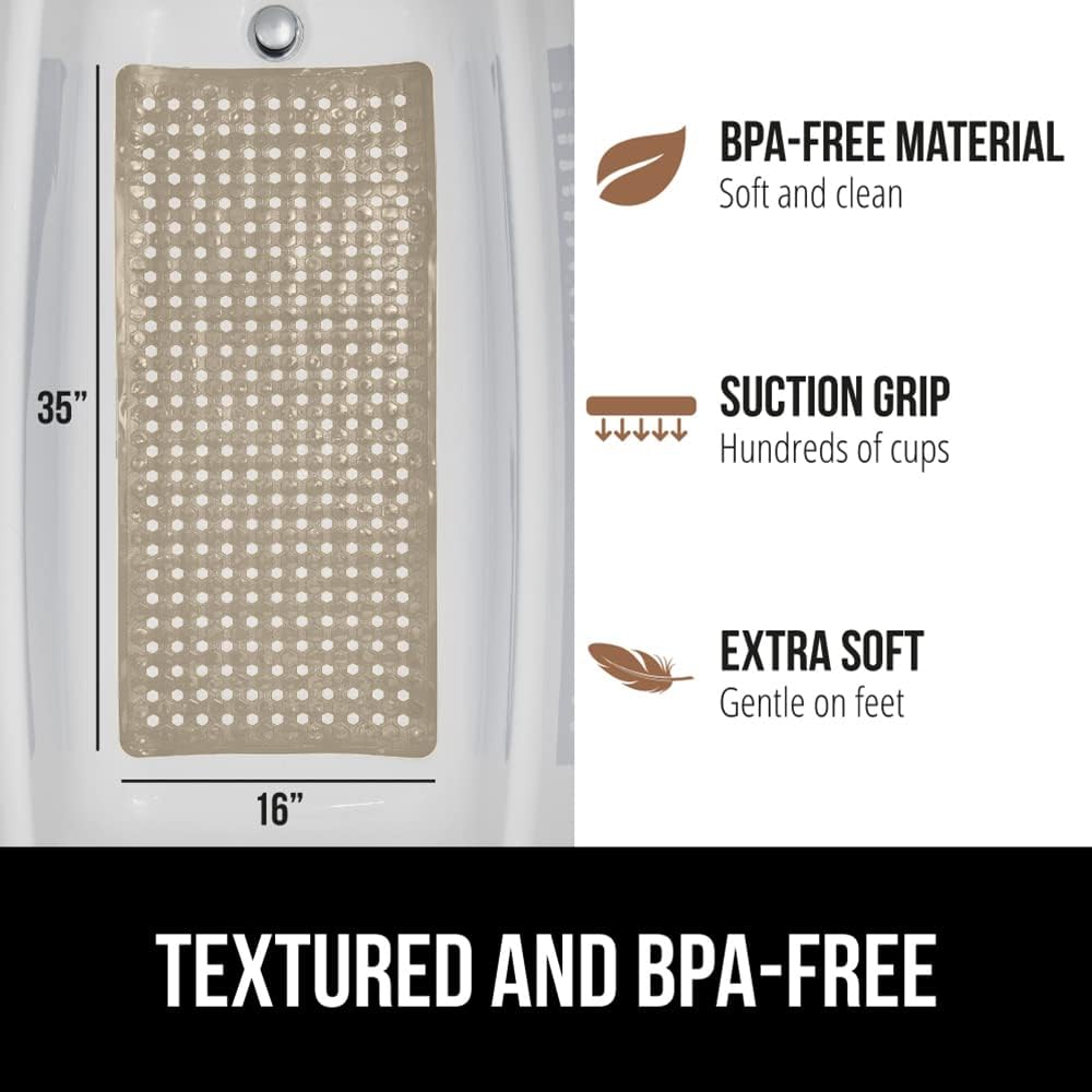 GORILLA GRIP Patented Bath Tub Shower Mat, 35"x16" Washable Bathtub Floor Mats, Suction Cups and Drain Holes to Keep Tubs Clean, Beige