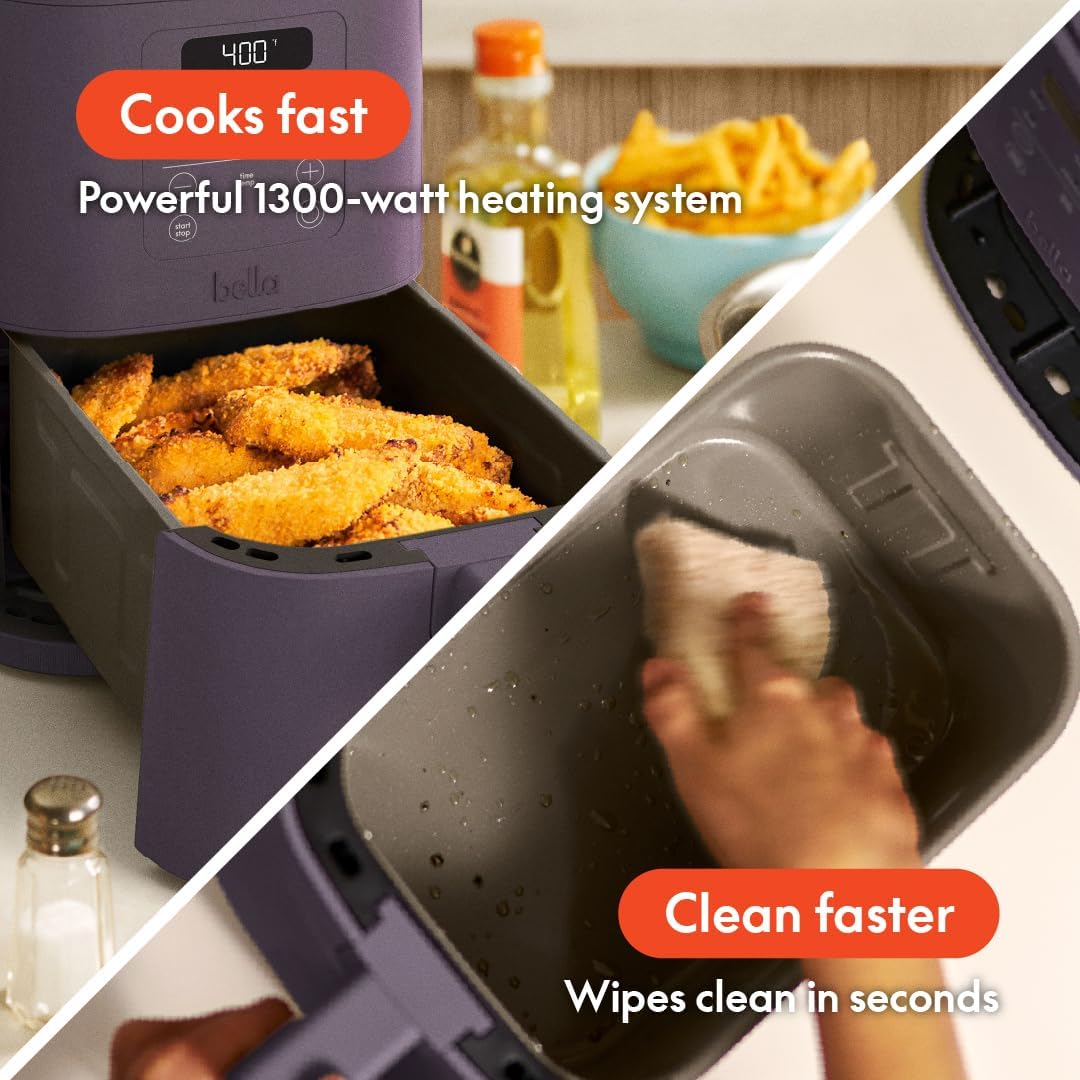 bella 4Qt Slim Air Fryer, Fits-anywhere Kitchenware, EverGood Ceramic Nonstick Coating, Adjustable Temperature, 3.3lb Capacity, Plum