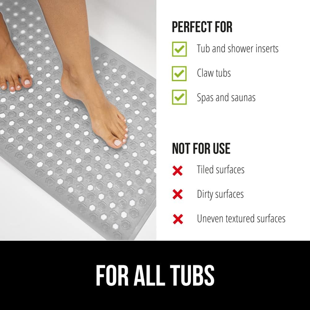 GORILLA GRIP Patented Bath Tub Shower Mat, 35x16 Washable Bathtub Floor Mats, Gray Opaque
