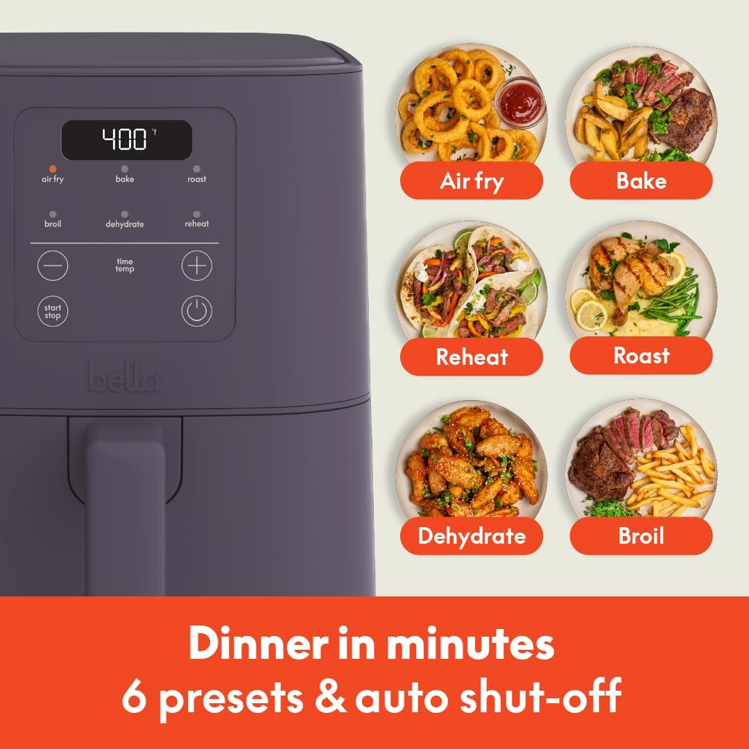 bella 4Qt Slim Air Fryer, Fits-anywhere Kitchenware, EverGood Ceramic Nonstick Coating, Adjustable Temperature, 3.3lb Capacity, Plum