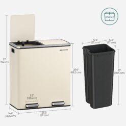 SONGMICS Trash Can, 2 x 8 Gallon (2 x 30 L) Garbage Can for Kitchen, with 15 Trash Bags, 2 Compartments, Almond Color ULTB201A01