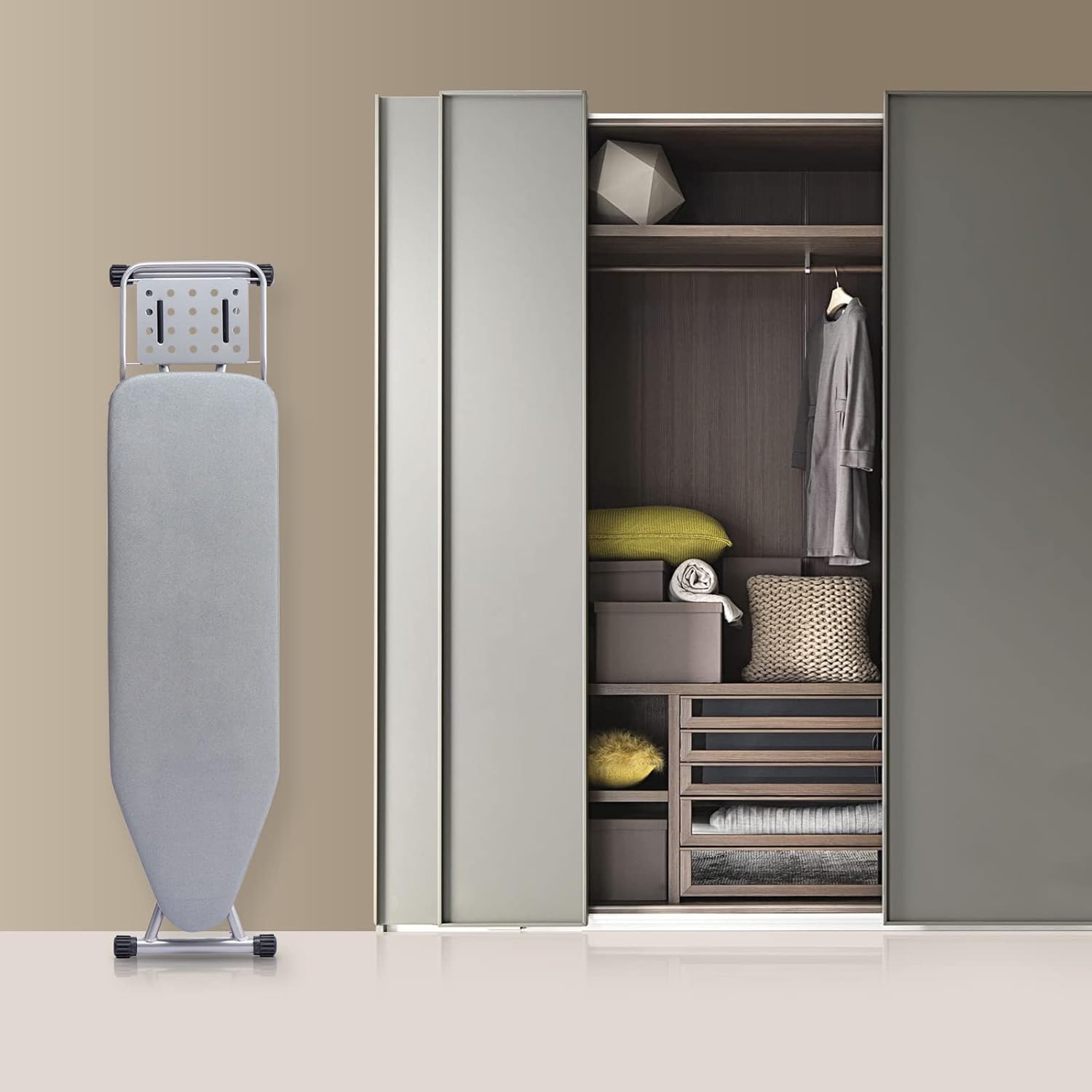 BKTD Foldable Ironing Board with Heat Resistant Cover - Sturdy Metal Frame (13 x 34 x 53 Inches) (Silver Gray)