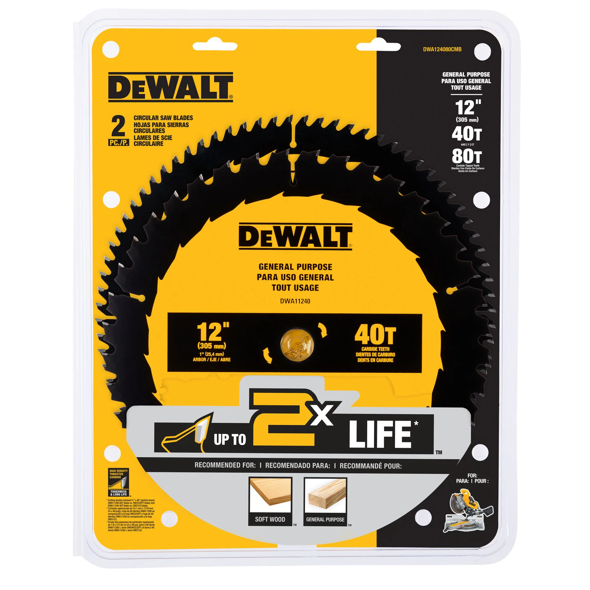 DEWALT 12-in 40 and 80 -Tooth Fine/Rough Finish Tungsten carbide-tipped steel Miter saw blade Set 2 -Pack