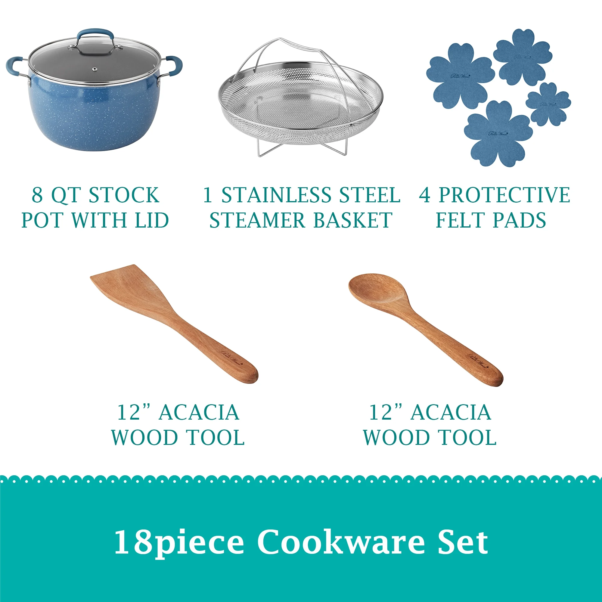 The Pioneer Woman Frontier Speckle 18 Piece Nonstick Aluminum Cookware Set, Blue