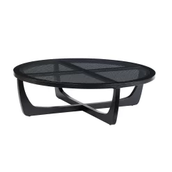 Beautiful by Drew Barrymore Round Rattan and Glass Top Coffee Table, Black