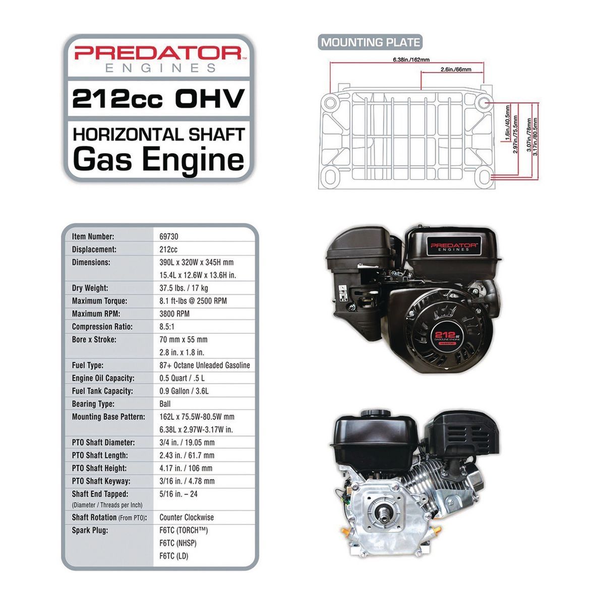 PREDATOR 6.5 HP (212cc) OHV Horizontal Shaft Gas Engine, EPA
