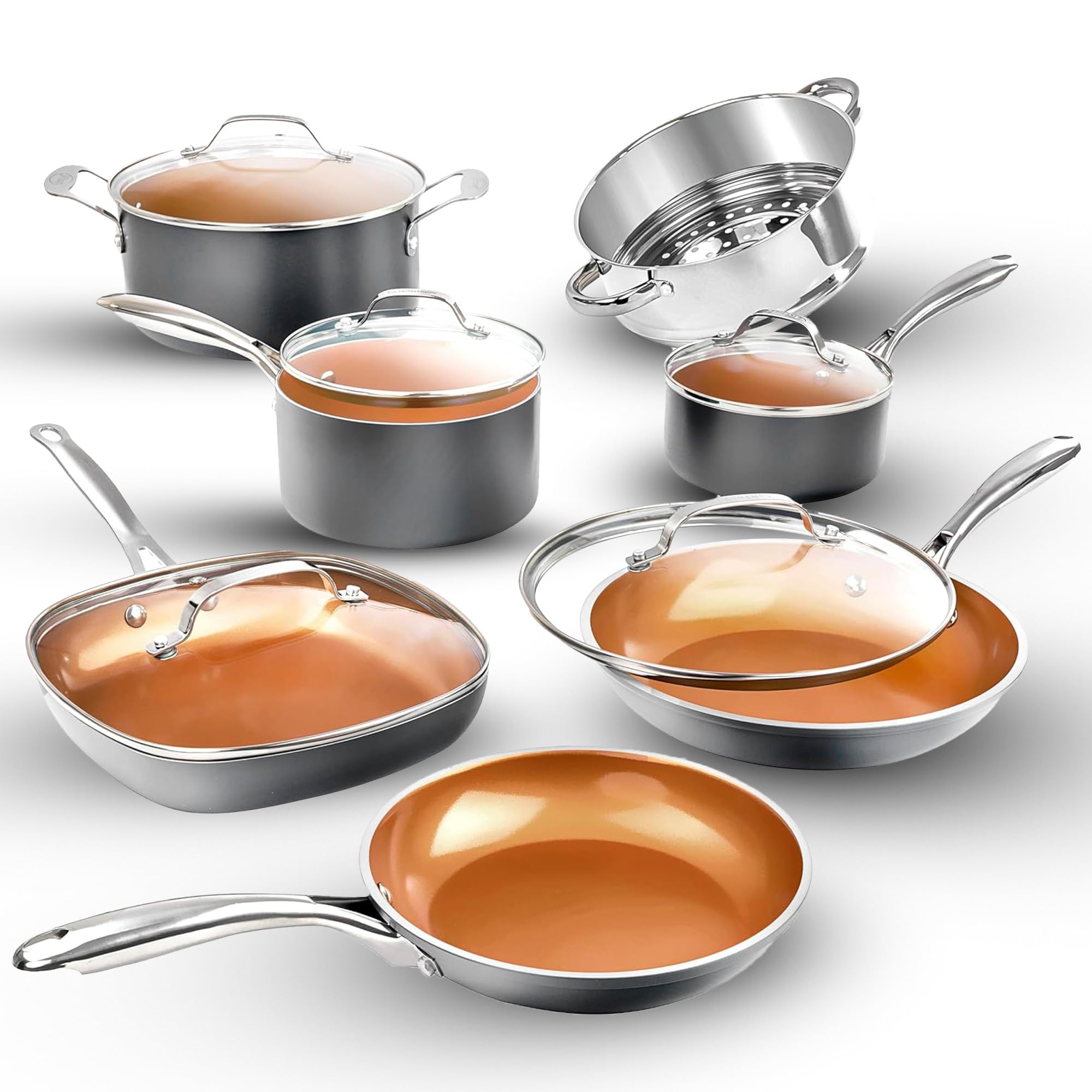 Gotham Steel 12 Pc Ceramic Pots and Pans Set Non Stick, Kitchen Cookware Sets, Pot and Pan Set - Copper