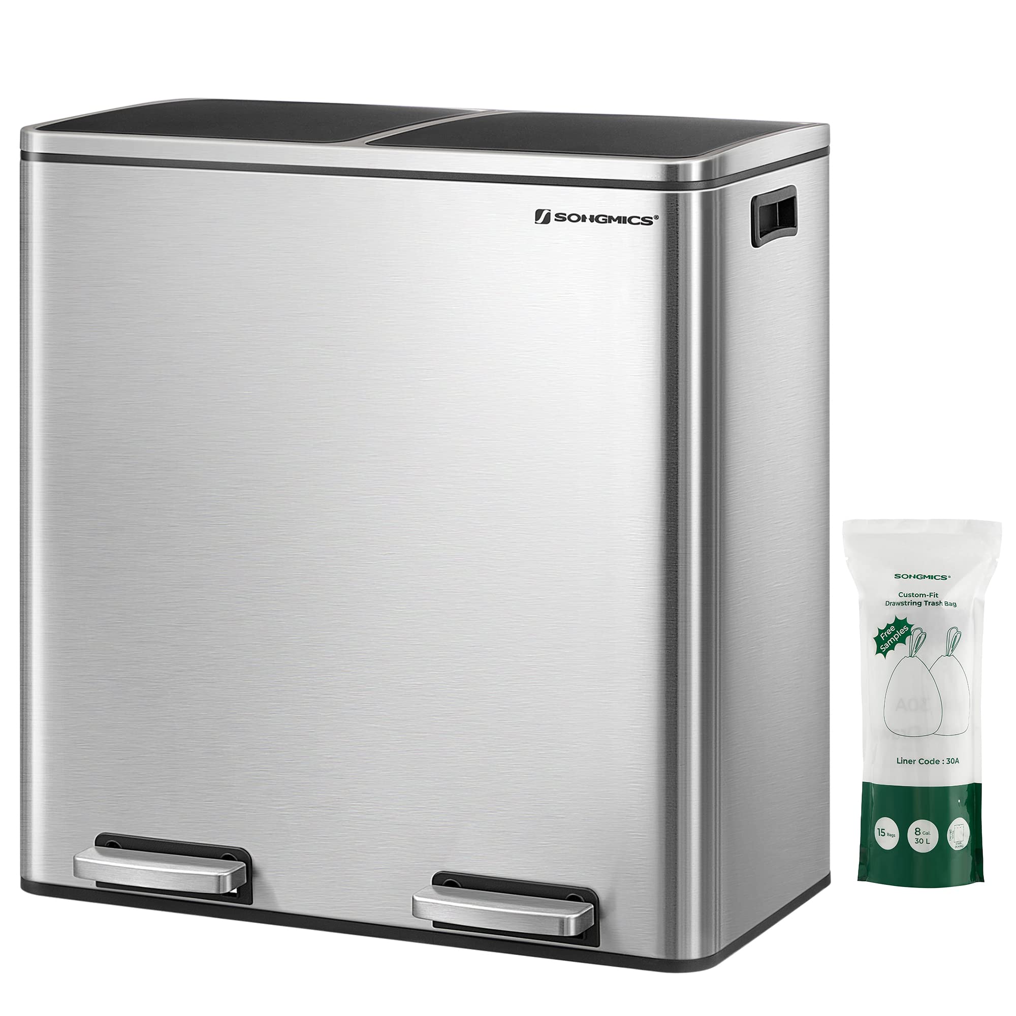 SONGMICS Trash Can, 2 x 8 Gallon (2 x 30 L) Garbage Can for Kitchen, with 15 Trash Bags, Silver and Black ULTB60NL