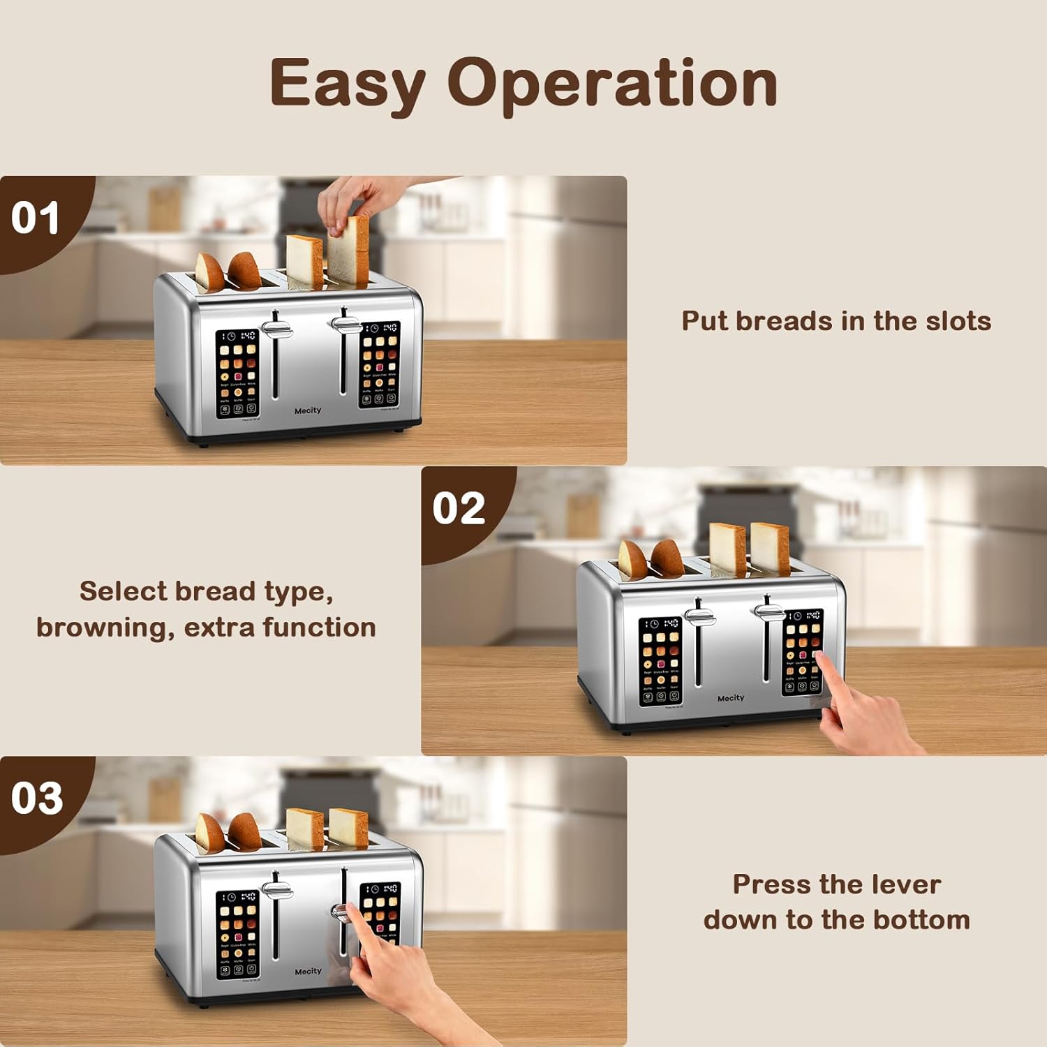 Mecity 4 Slice Toaster Touch Screen Control 4 Wide Slot, Stainless Steel Smart Bread Toaster, 120V 1650W