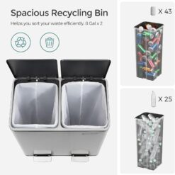 SONGMICS Trash Can, 2 x 8 Gallon (2 x 30 L) Garbage Can for Kitchen, with 15 Trash Bags, Silver and Black ULTB60NL