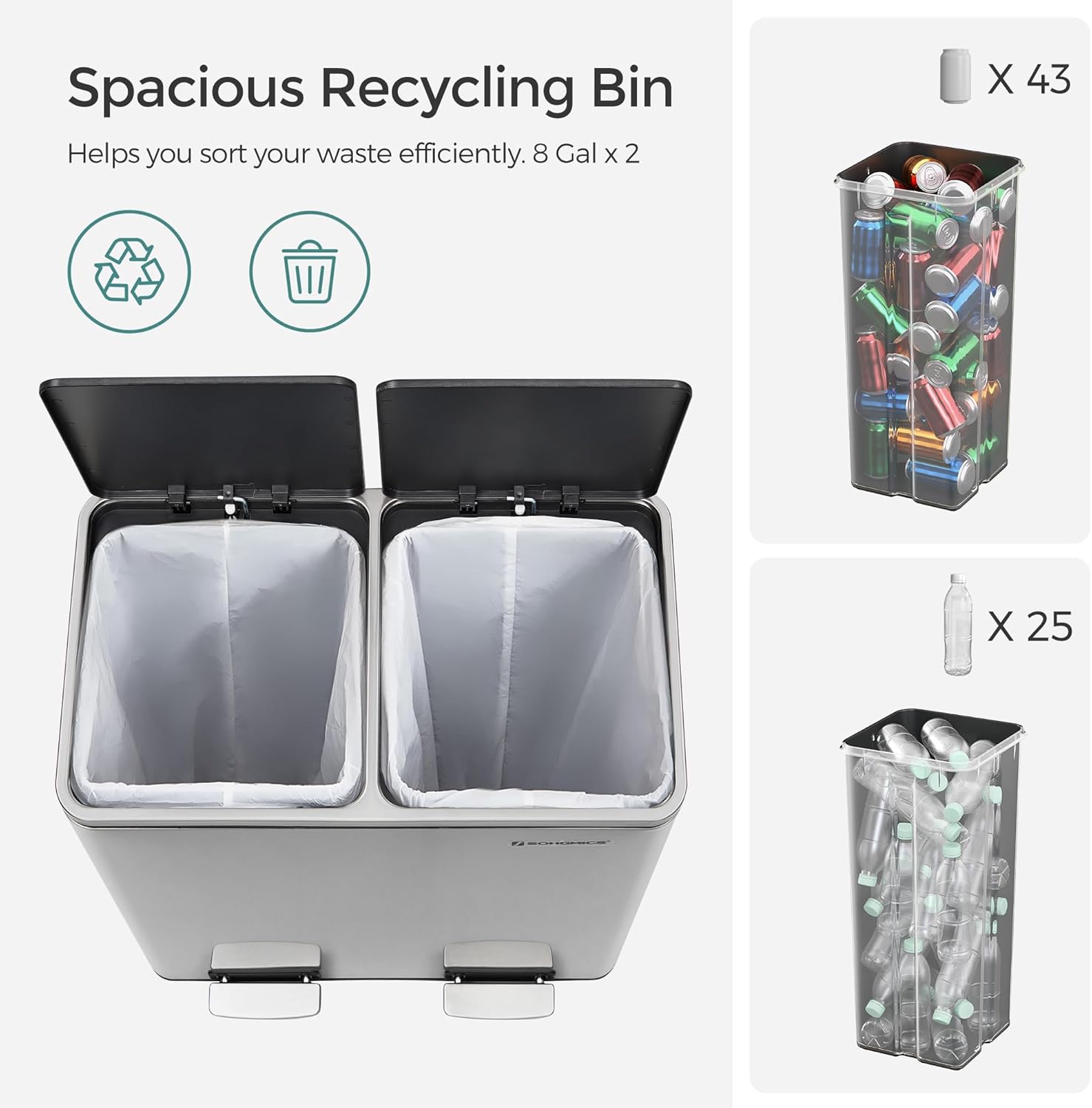 SONGMICS Trash Can, 2 x 8 Gallon (2 x 30 L) Garbage Can for Kitchen, with 15 Trash Bags, Silver and Black ULTB60NL
