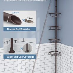 SEIRIONE Rustproof Shower Corner Caddy Organizer for Bathroom,Tension Pole with 4 Baskets,39.2 to 113 Inch Height, Bronze