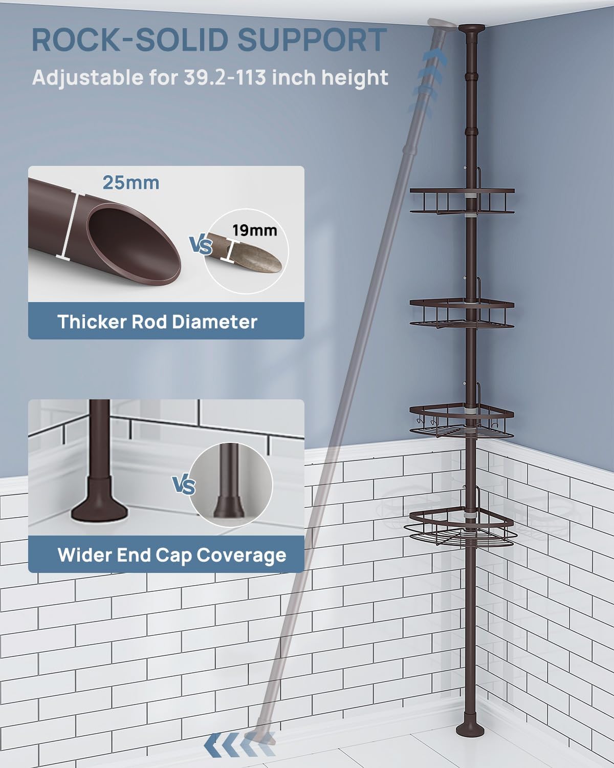 SEIRIONE Rustproof Shower Corner Caddy Organizer for Bathroom,Tension Pole with 4 Baskets,39.2 to 113 Inch Height, Bronze