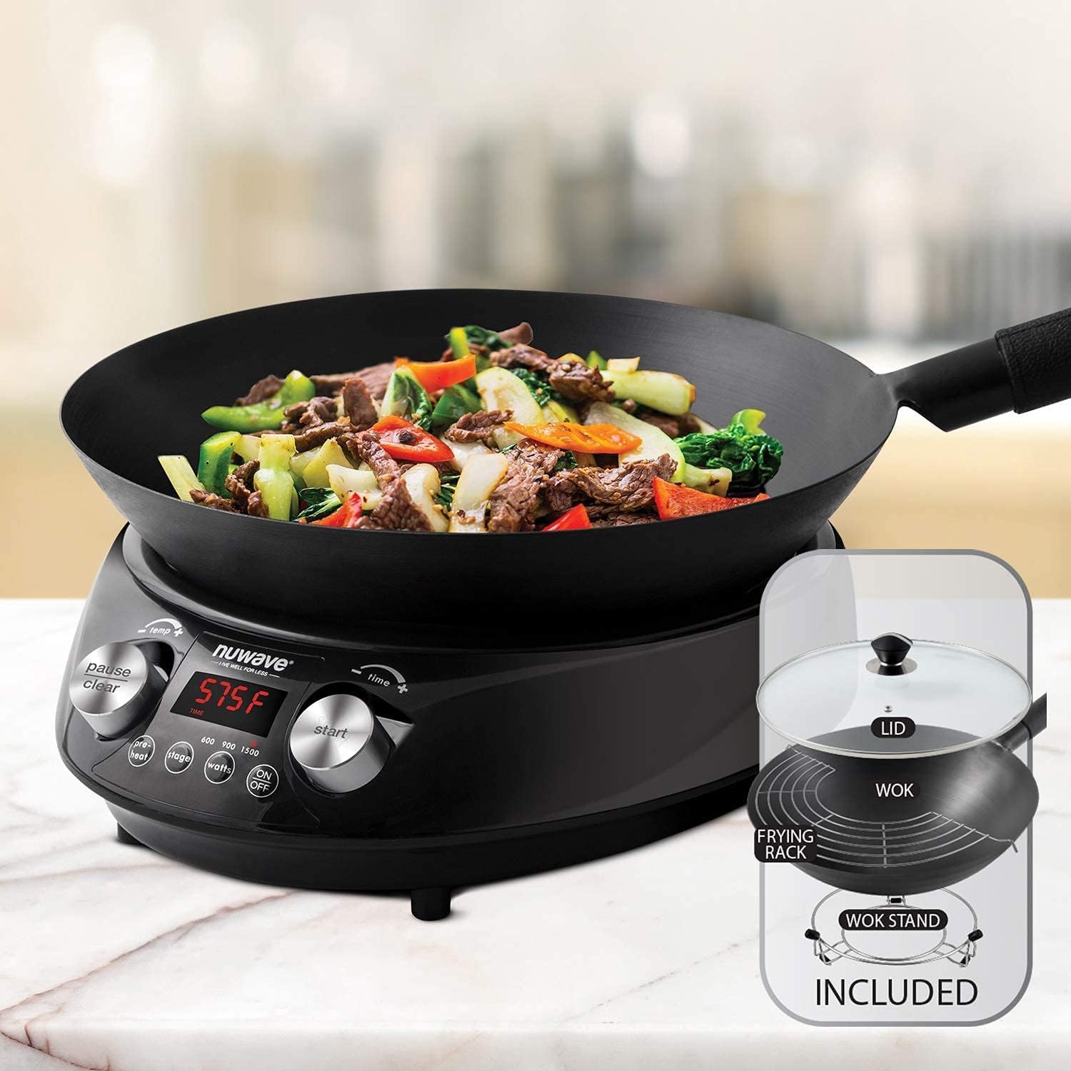 Nuwave Induction Wok, 3 Wattages 600, 900 & 1500, Precise Temp Controls from 100°F to 575°F in 5°F