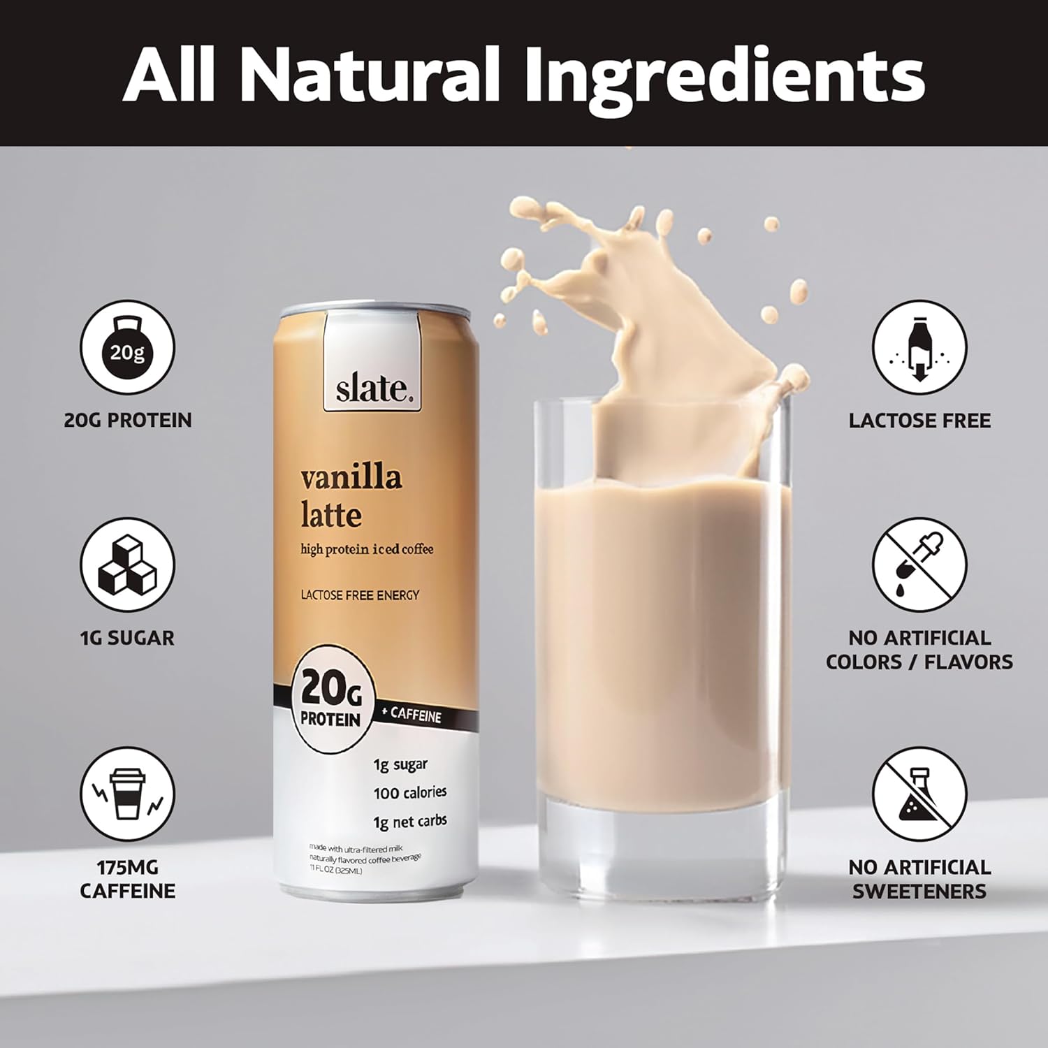 Slate Milk - Vanilla Latte, No Sugar Added - Protein Coffee - 11 fl oz, 12 Cans