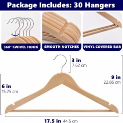 Amber Home 30 Pack Wooden Coat Hangers, Natural Wood Suit Hangers with Non Slip Pant Bar (Natural, 30)