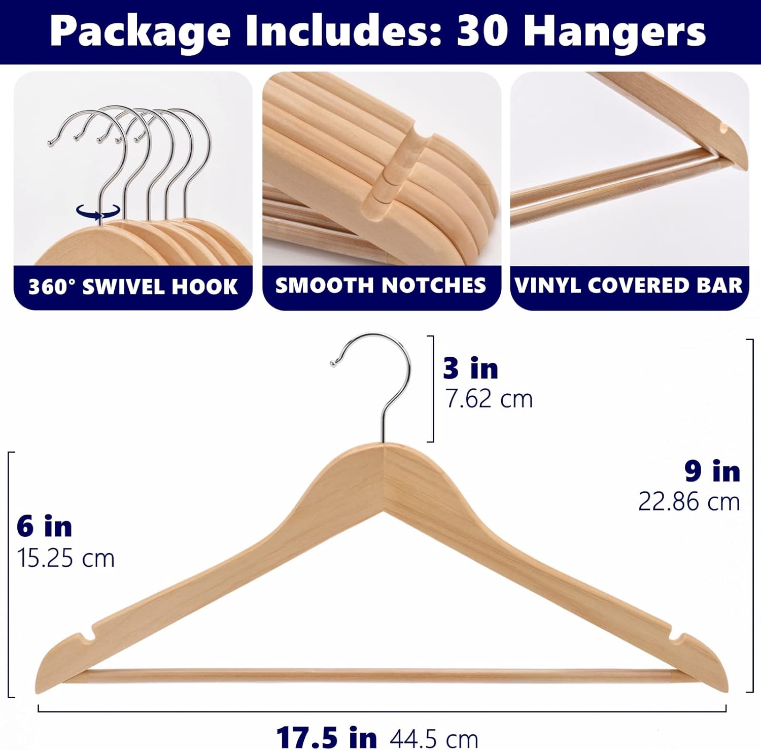 Amber Home 30 Pack Wooden Coat Hangers, Natural Wood Suit Hangers with Non Slip Pant Bar (Natural, 30)