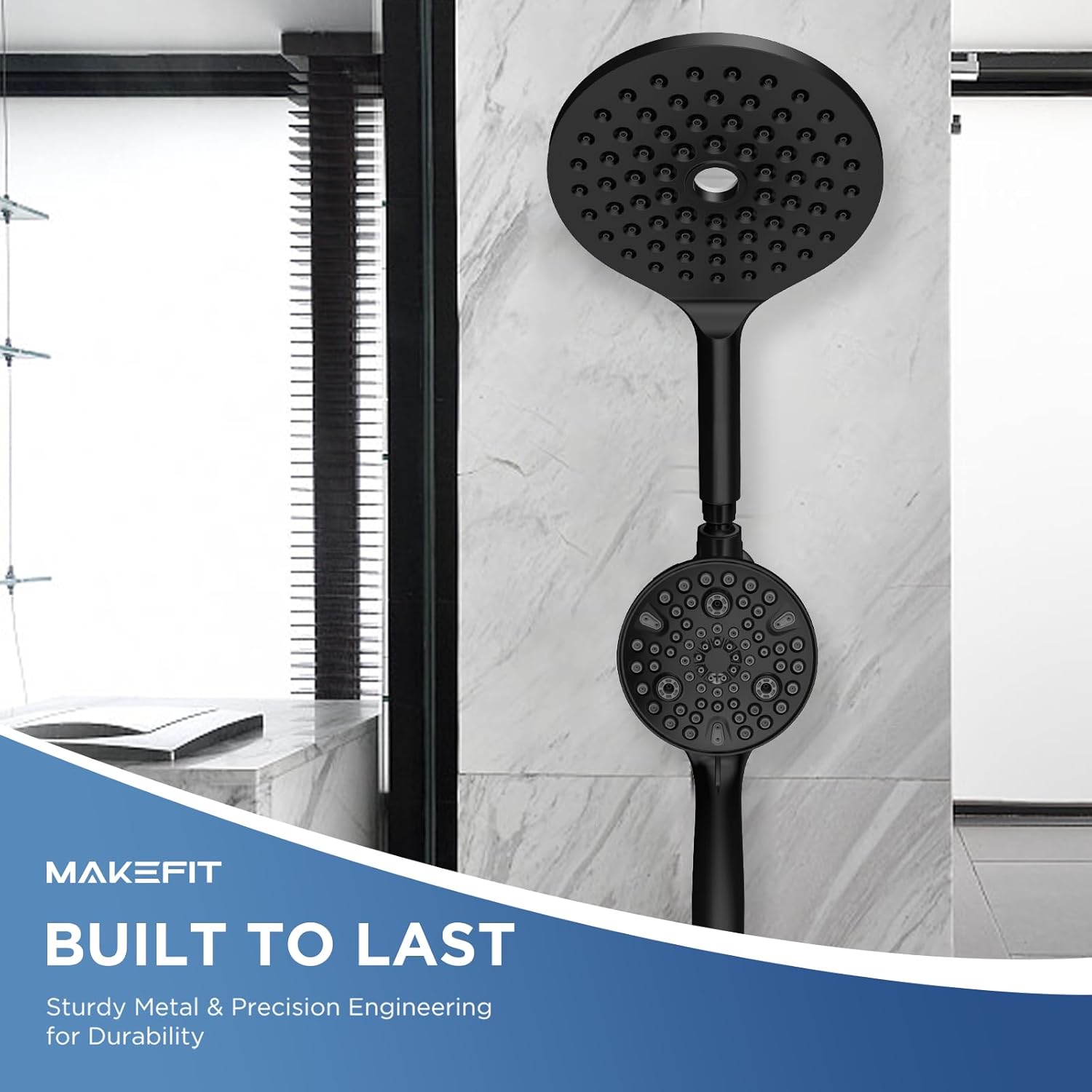 Dual Handheld Shower Head Combo, 2-in-1 Rain Shower Heads System 8 Inch Rainfall Shower Head, Black