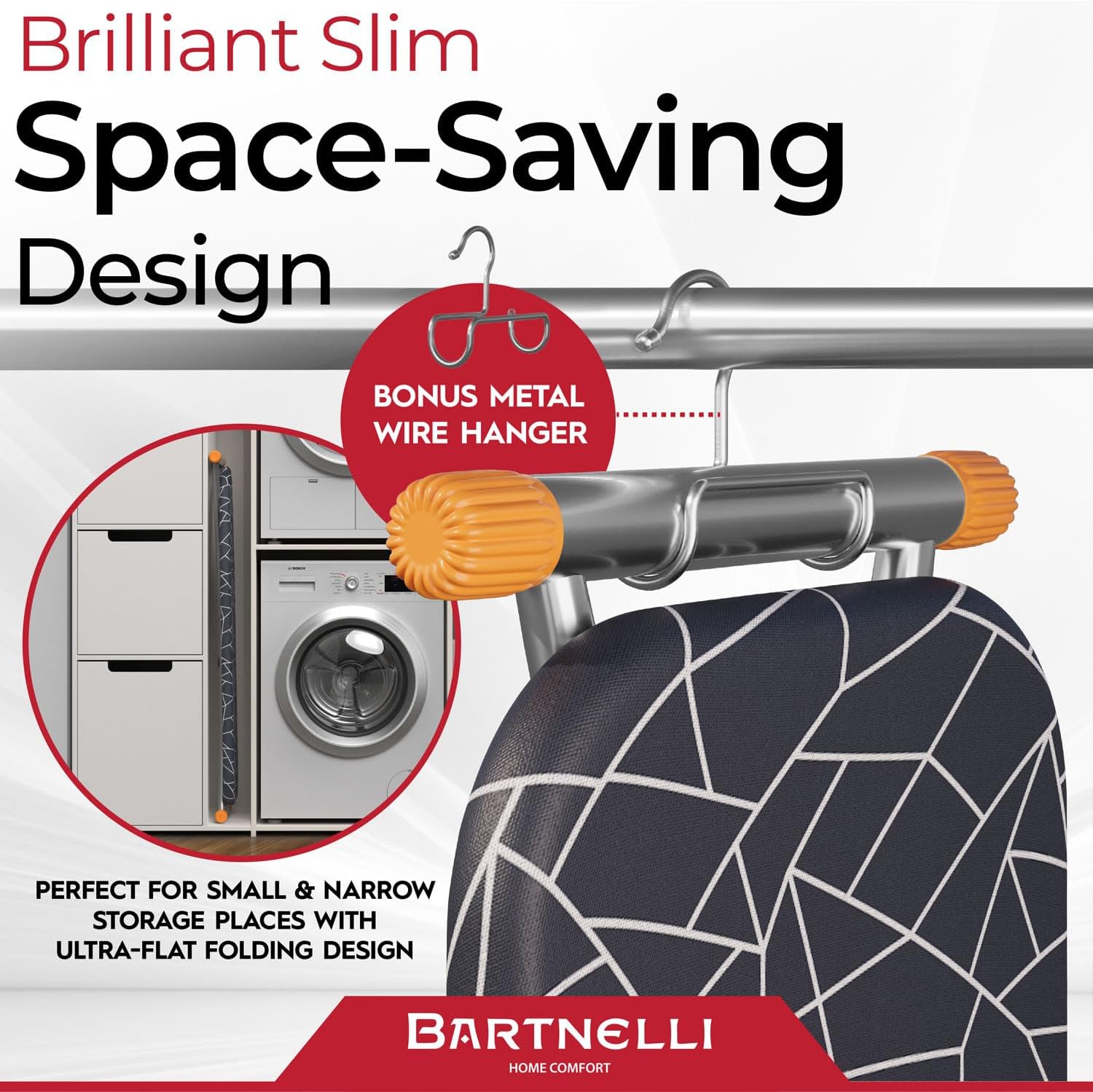 Bartnelli Ironing Board, Space-Saving and Ultimate Iron Board Experience 13x43 Reinforced Steel Legs, Adjustable Height