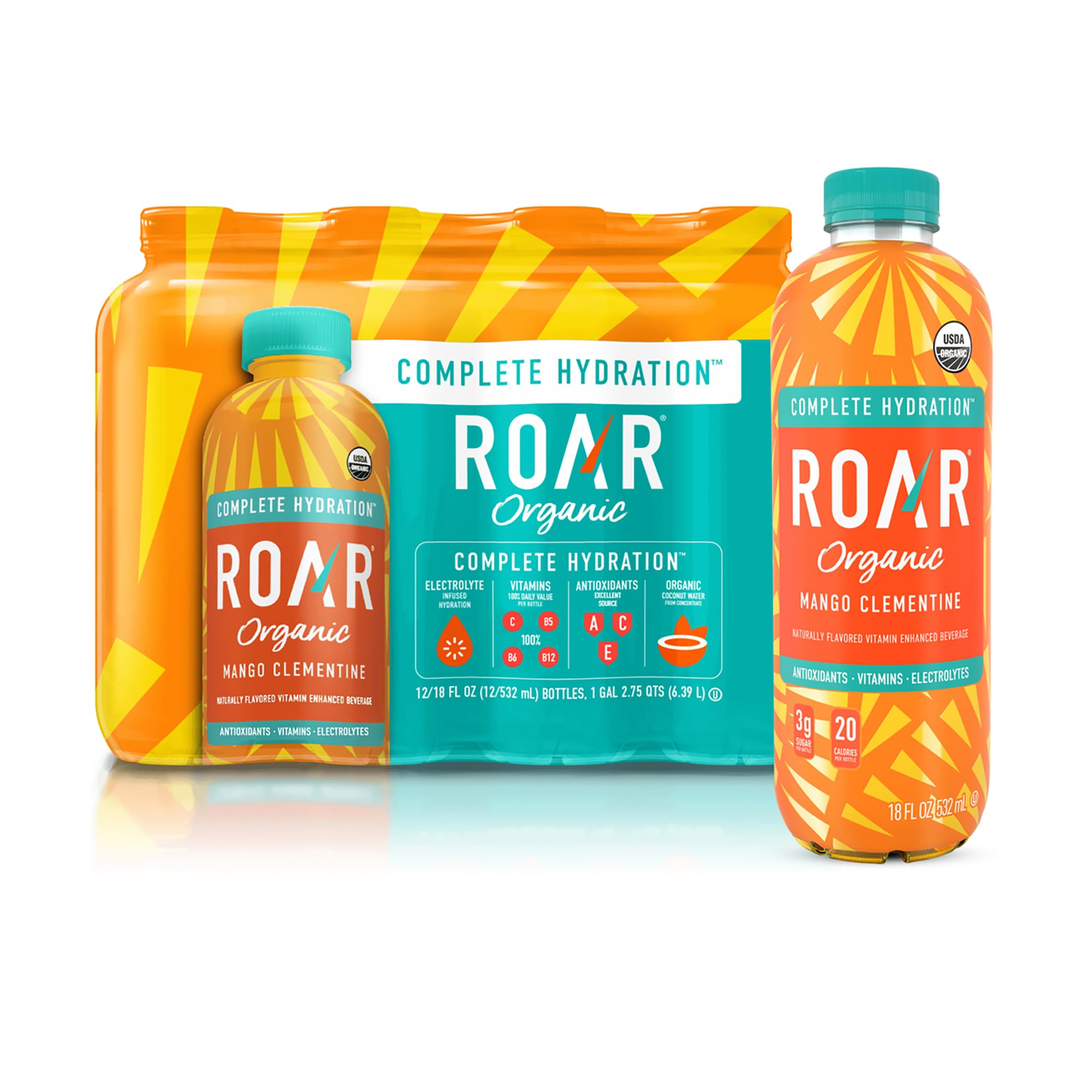 Roar Organic Electrolyte Infusions - USDA Organic - Mango Clementine, Coconut Water Infused Beverage 18 Fl Oz (Pack of 12)