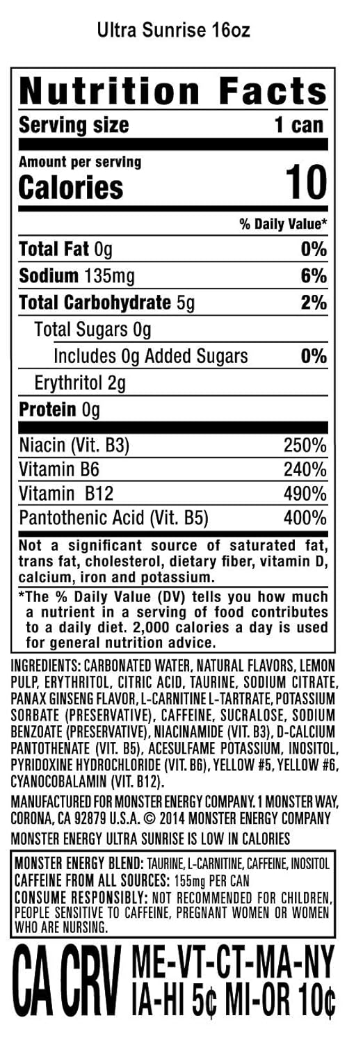 Monster Energy Ultra Sunrise, Sugar Free Energy Drink, 16 Fl Oz (Pack of 15)