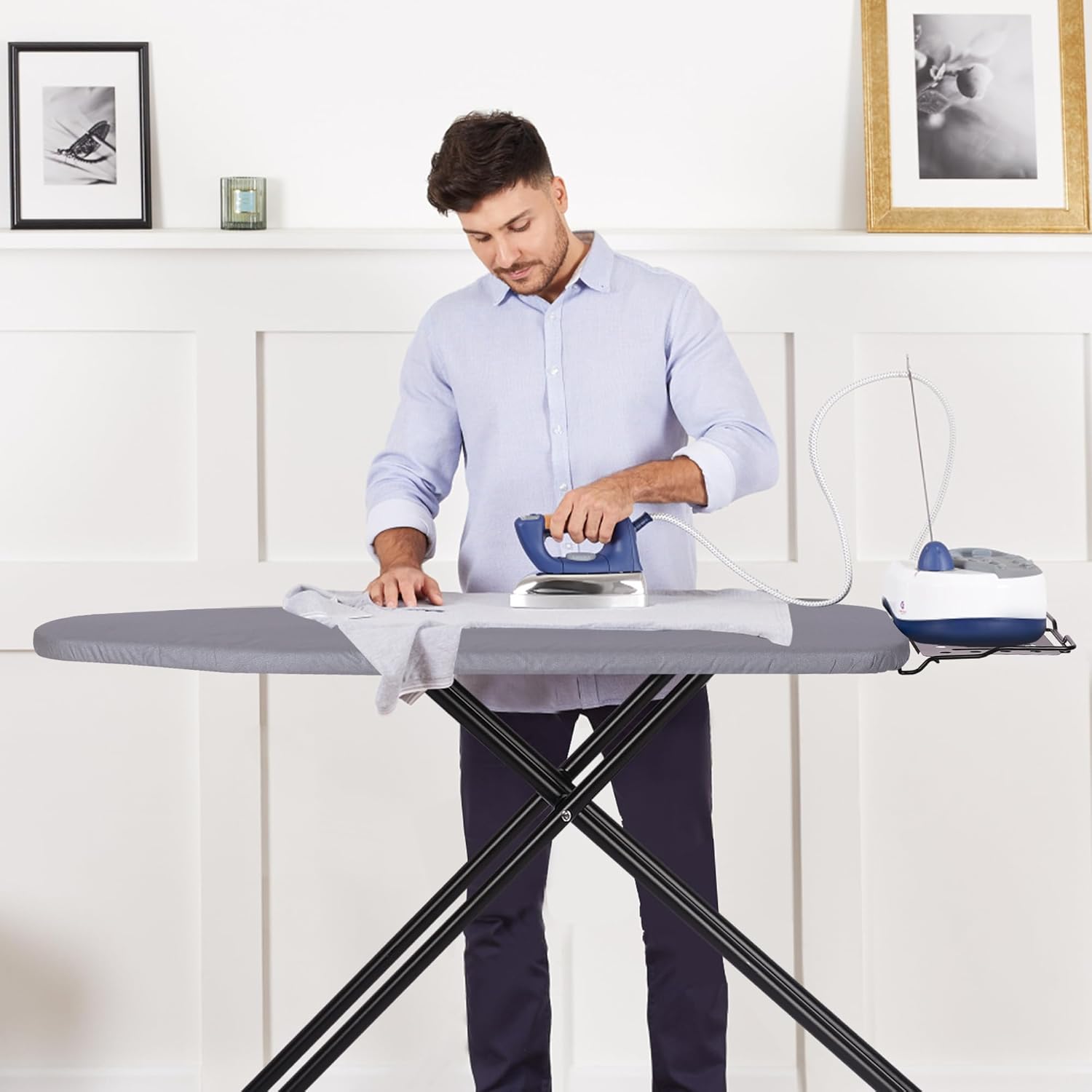 Deluxe Ironing Board with Heat Resistant Cover and Thicken Felt Pad, Heavy Sturdy Legs, Full Size Hanger Iron Board, Foldable (L-Grey)
