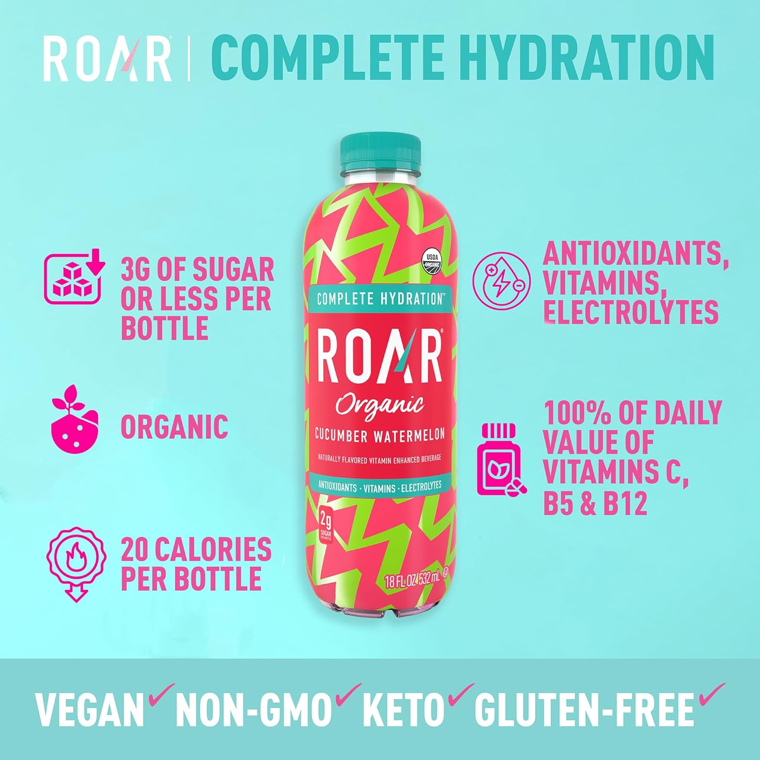 Roar Organic Electrolyte Infusions - USDA Organic - Cucumber Watermelon, Coconut Water Infused Beverage 18 Fl Oz (Pack of 12)