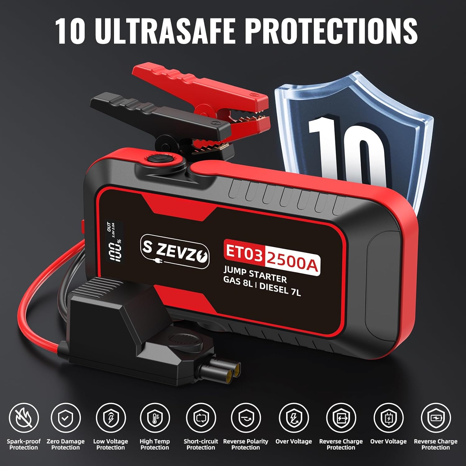 S ZEVZO ET03 Car Jump Starter 2500A Jump Starter Battery Pack for Up to 8.0L Gas and 7.0L Diesel Engines, 74Wh Portable 12V Jump Box