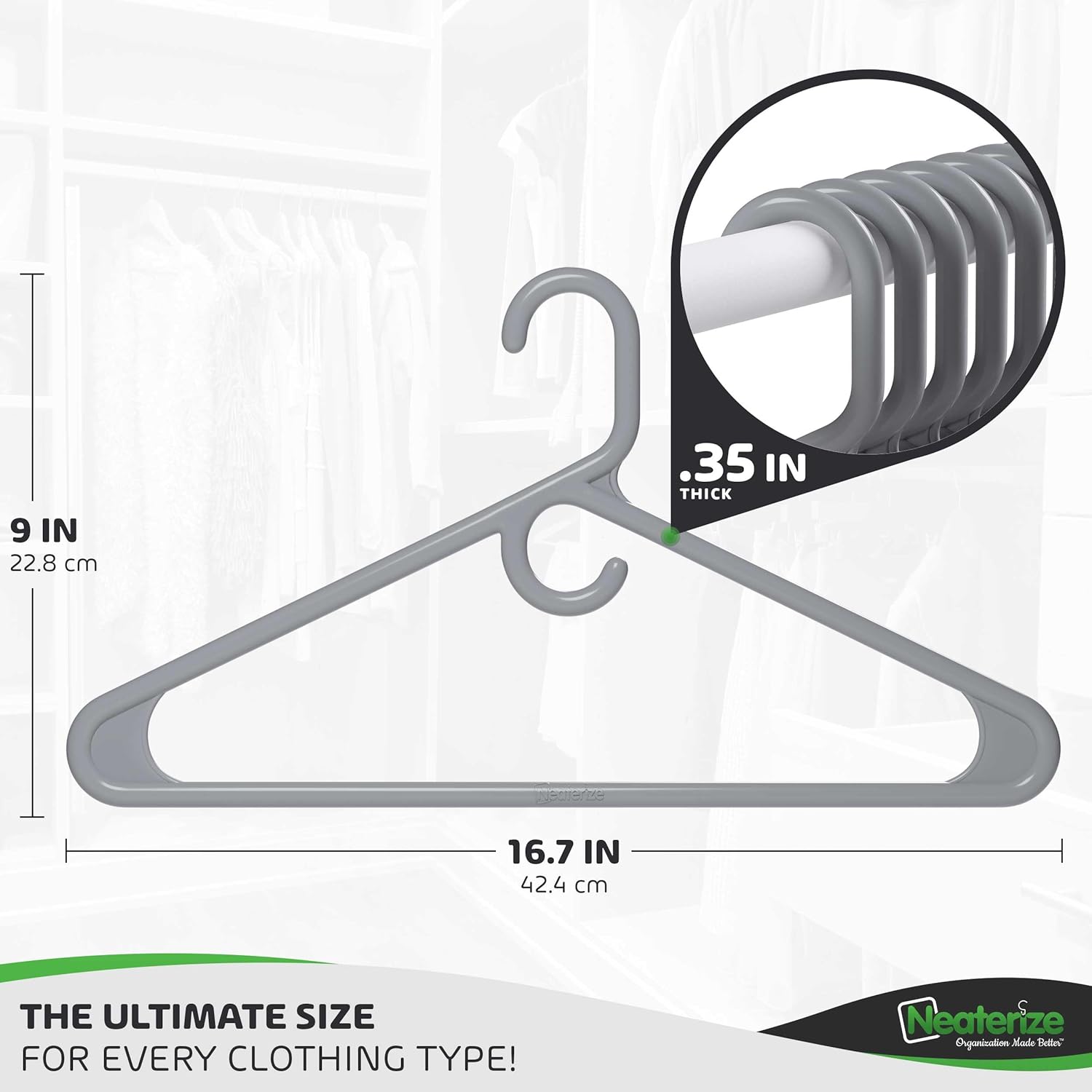 NEATERIZE Ultra Heavy Duty Plastic Clothes Hangers - Grey - Durable Coat, Suit and Clothes Hanger. Perchas De Ropa (24 Pack - Grey)