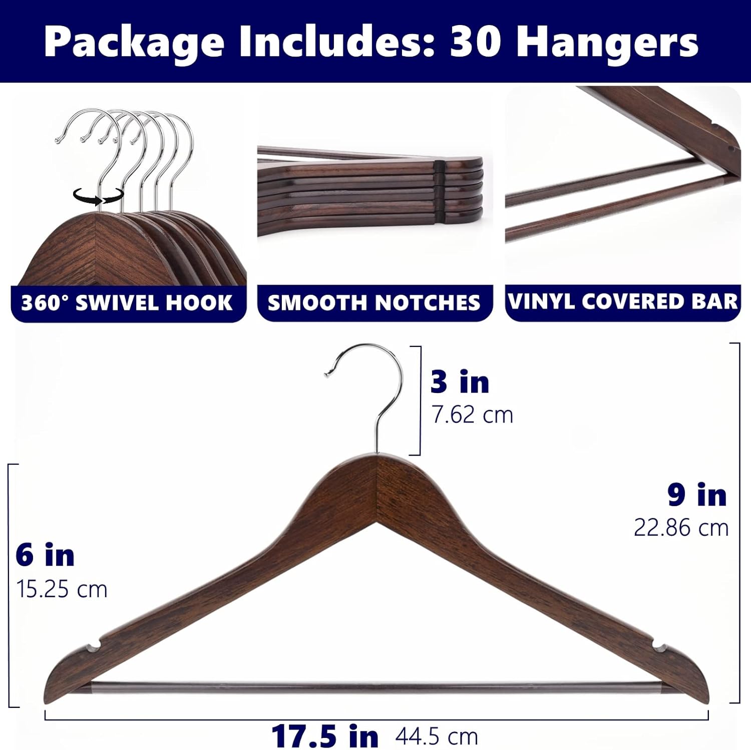 Amber Home 30 Pack Vintage Wooden Coat Hangers, Walunt Wood Suit Hangers with Non Slip Pant Bar (Retro, 30)