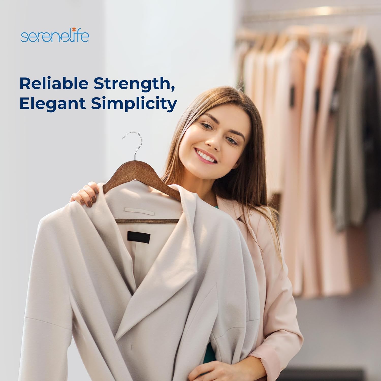 SereneLife 50-Pack Wooden Coat Hangers – Durable Suit Hangers with 360° Swivel Hook & Notches (Vintage)