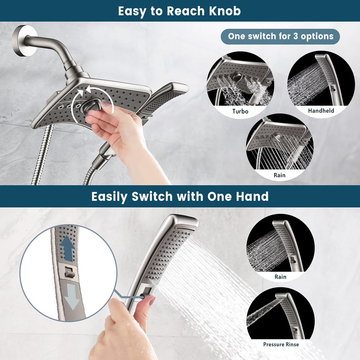 BRIGHT SHOWERS Shower Head Combo with Two Spray Setting, Fixed Shower Head and Handheld with Grey Face, Brushed Nickel