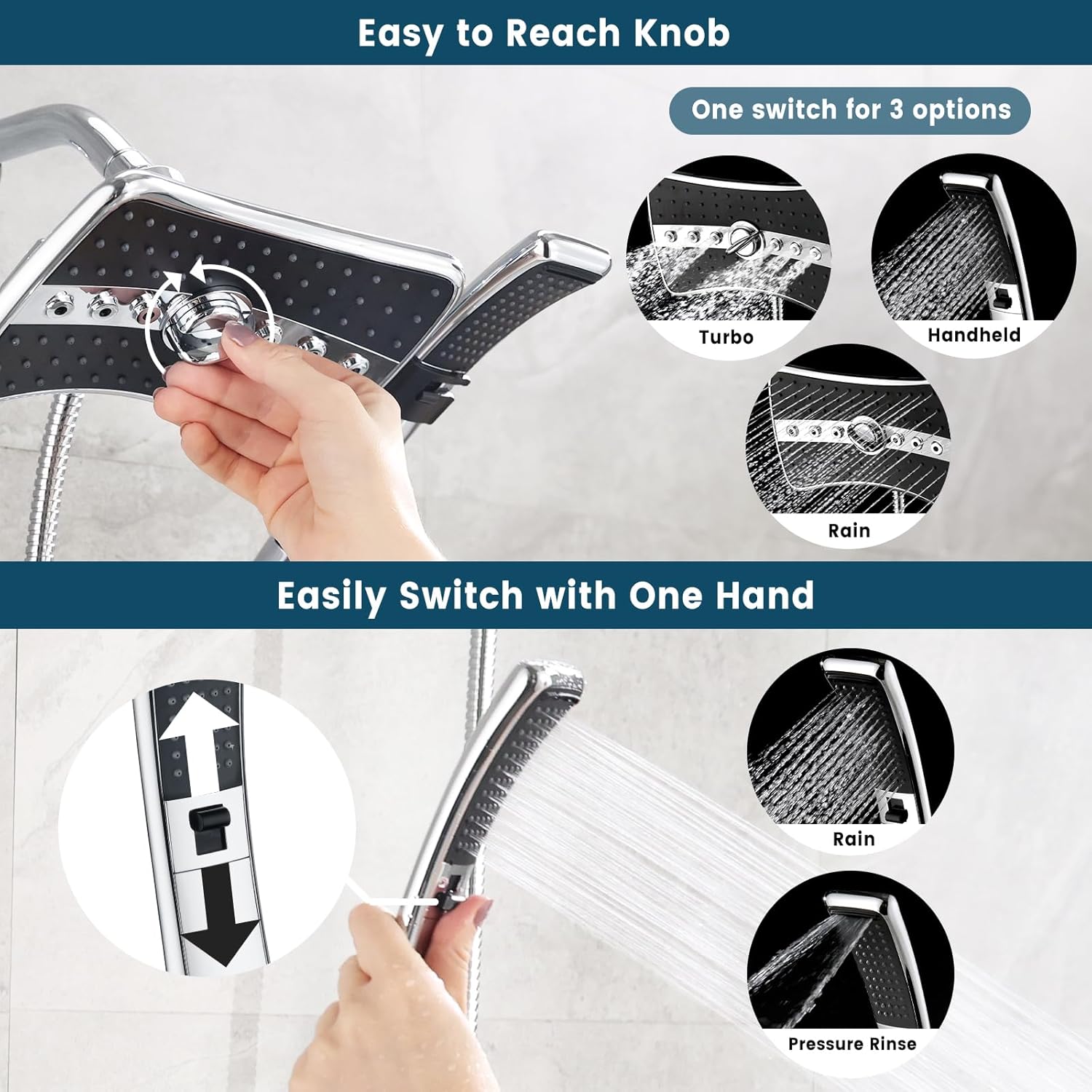 BRIGHT SHOWERS Dual Shower Head Combo Set, Handheld Showerhead Rainfall Shower Head Combo with Black Face, Chrome