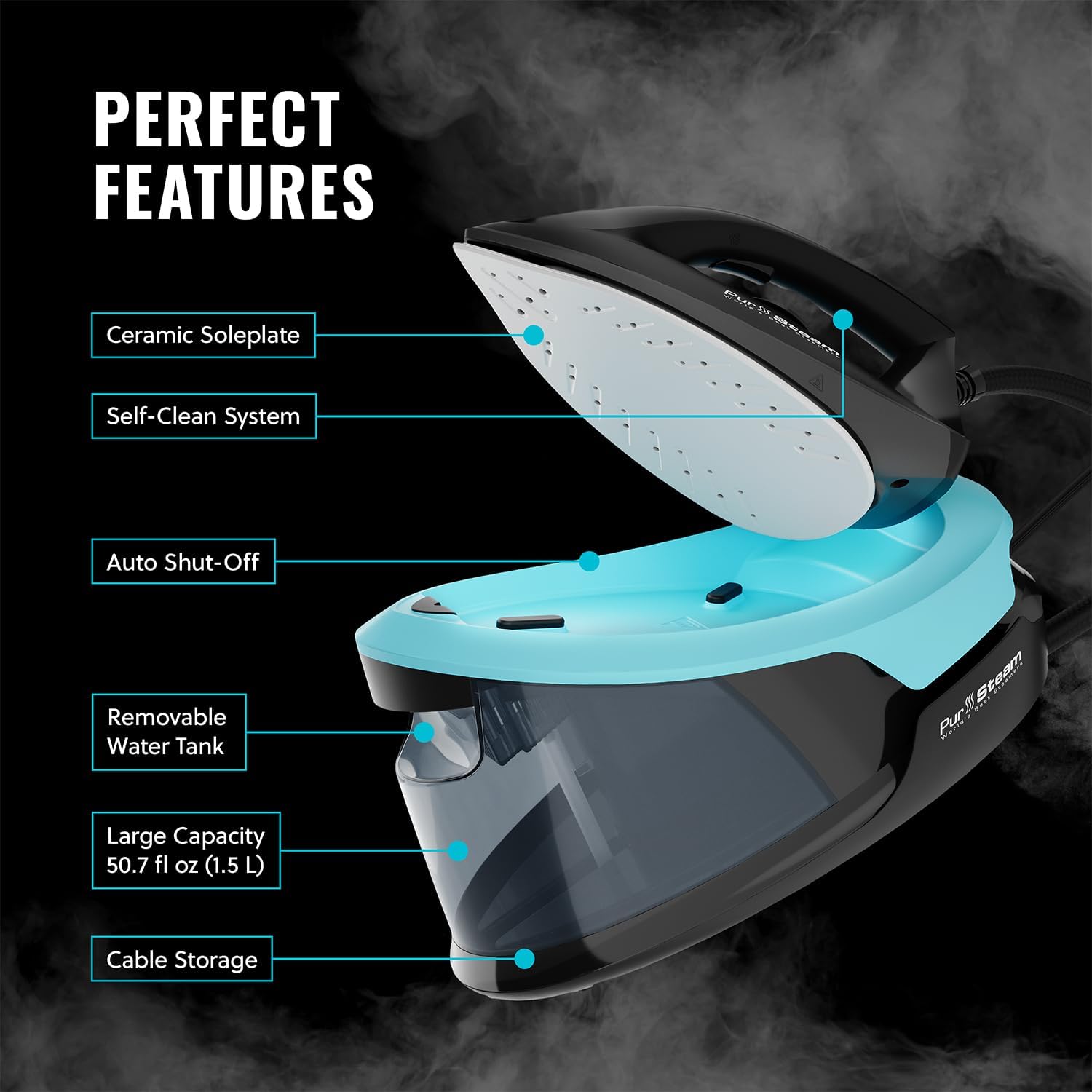 Pursteam World's Best Steamers - Station Max Ceramic Soleplate Steam Iron for Clothes 1500W, 50.7oz Removable Water Tank