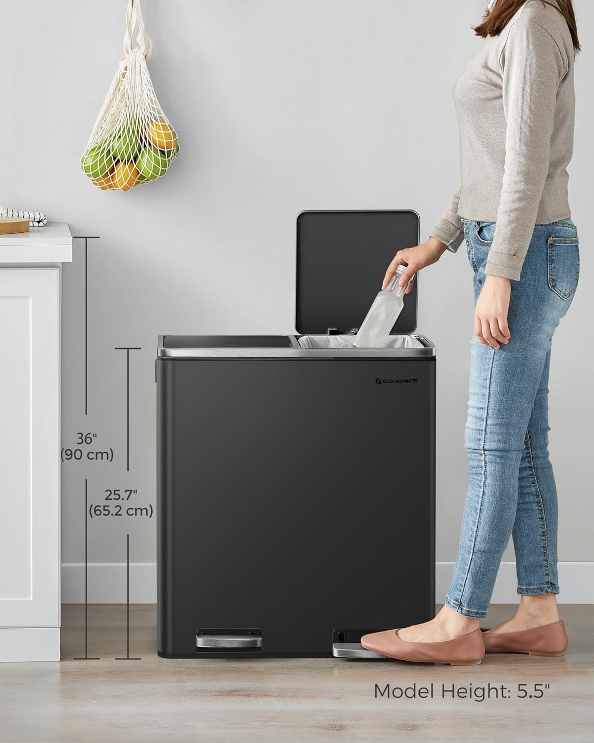 SONGMICS, Plastic, Hinged Lids, Handles Dual Garbage Can, 16 Gal (60L) Rubbish 15 Trash Bags, 2 x 8 Gallon, Black