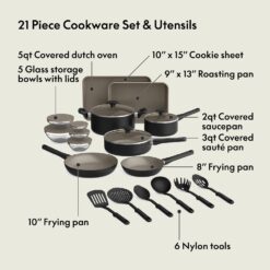 bella 21 Piece Kitchen Set with EverGood Ceramic Nonstick Coating, Dishwasher & Oven Safe, All Stovetops Compatible, Tempered Glass Lids & Cool Touch Handles, Black
