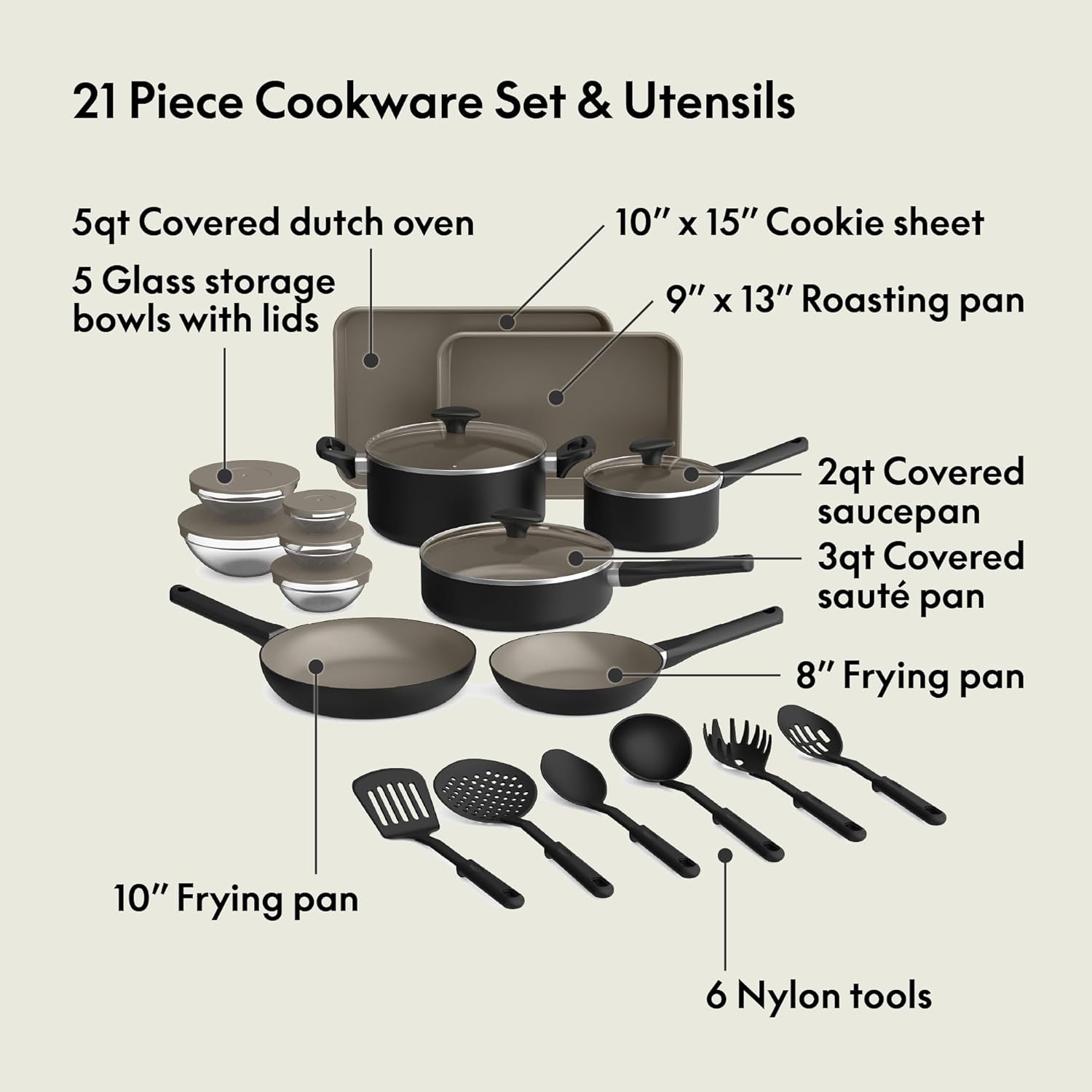 bella 21 Piece Kitchen Set with EverGood Ceramic Nonstick Coating, Dishwasher & Oven Safe, All Stovetops Compatible, Tempered Glass Lids & Cool Touch Handles, Black
