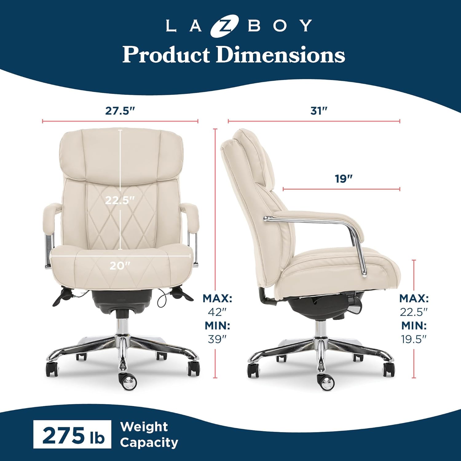 La-Z-Boy Sutherland Quilted Executive Office Chair with Padded Arms, Ivory
