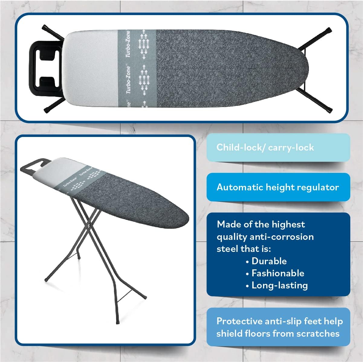 Bartnelli Classic Ironing Board with New Patent Technology, 4 Layer Cover & Pad, Height Adjustable, 4 Premium Steel Legs