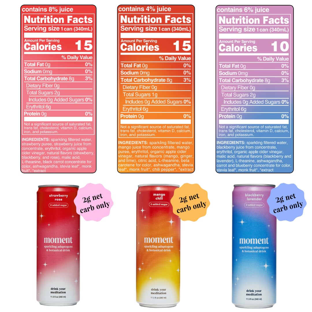 Moment Botanical Soda Soft Drink (Shark Tank), L-Theanine & Ashwagandha for Calm & Clarity 12-pack