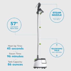 Steamfast SF-562 Canister Garment Steamer, 96 Minute Run-Time, 2 Steam Settings, Adjustable, Removable Tank, White