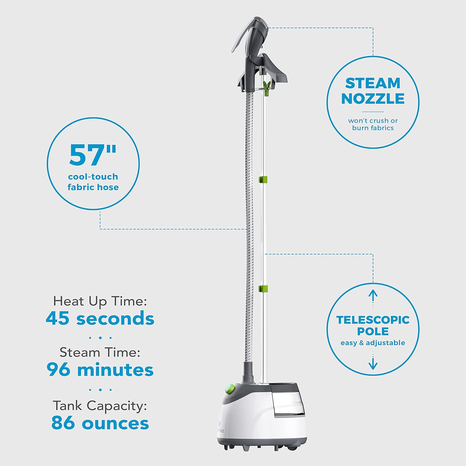 Steamfast SF-562 Canister Garment Steamer, 96 Minute Run-Time, 2 Steam Settings, Adjustable, Removable Tank, White