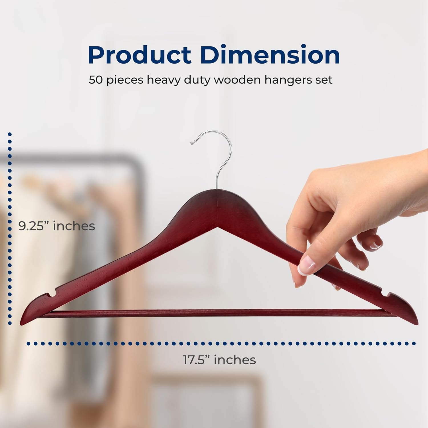 SereneLife 50-Pack Wooden Coat Hangers – Durable Suit Hangers with 360° Swivel Hook & Notches (Cherry)