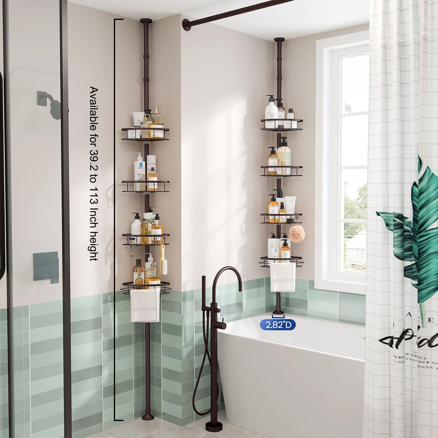 SEIRIONE Rustproof Shower Corner Caddy Organizer for Bathroom,Tension Pole with 4 Baskets,39.2 to 113 Inch Height, Bronze