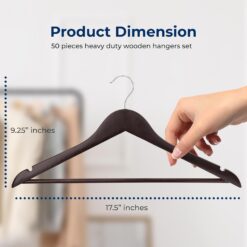 SereneLife 50-Pack Wooden Coat Hangers – Durable Suit Hangers with 360° Swivel Hook & Notches (Brown)