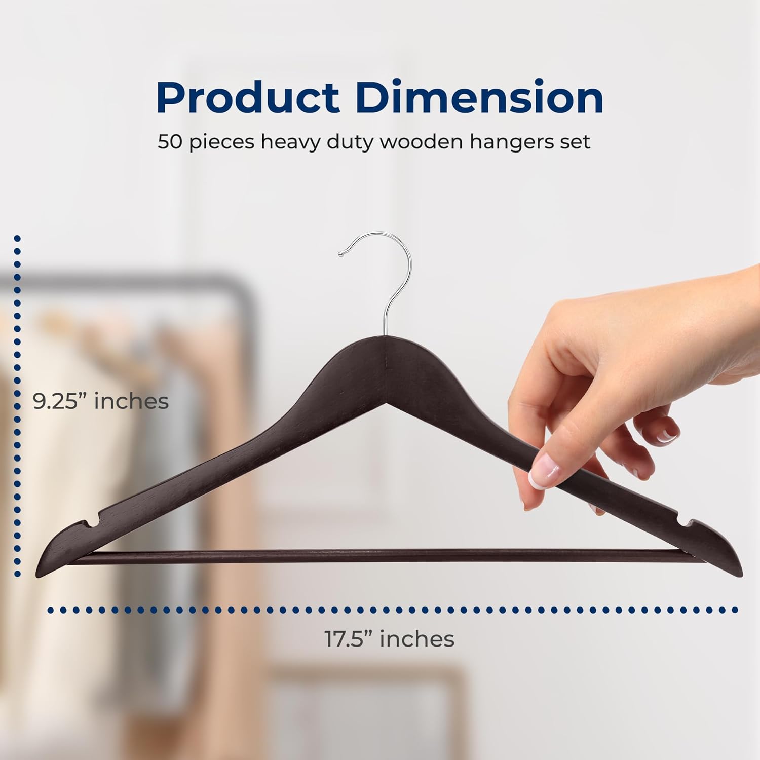 SereneLife 50-Pack Wooden Coat Hangers – Durable Suit Hangers with 360° Swivel Hook & Notches (Brown)